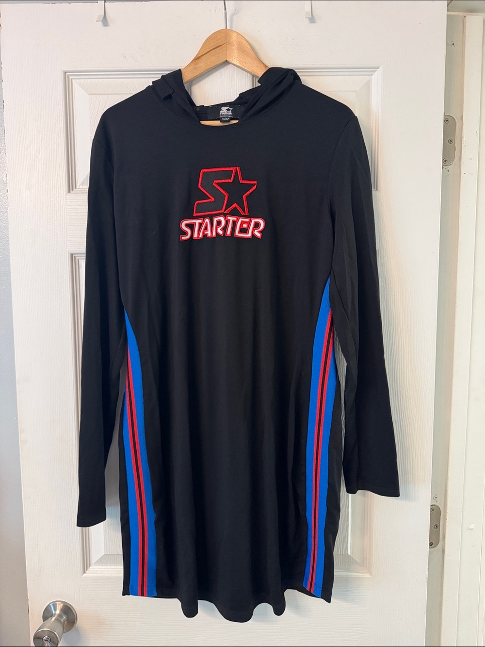 STARTER Black Hoodie Dress with Red & Blue Stripe Details